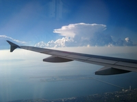 関西国際空港の上空で、飛行機の窓から見た、夏の積乱雲、入道雲、かなとこ雲、金床雲、の画像